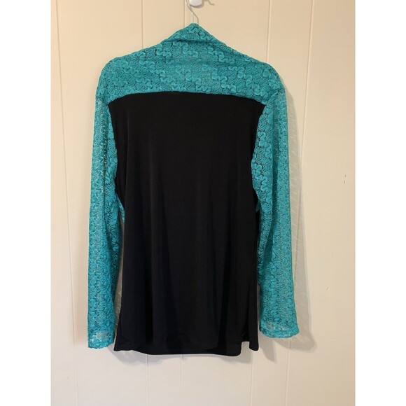 Ashley Stewart Womens Size 14 16 Top Black Teal Lace Sleeves Sparkly NWT - Picture 2 of 6